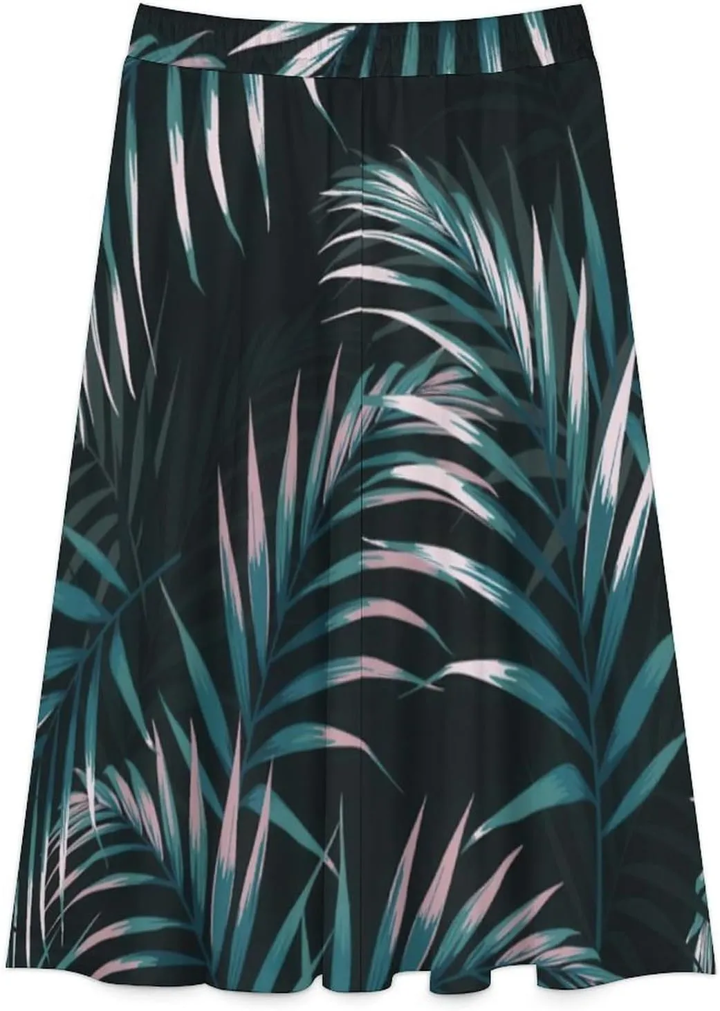 Esthetic Tropical Leaves Printed Midi Skirt High Elastic Waist Ruffle Swing Spring Skirt