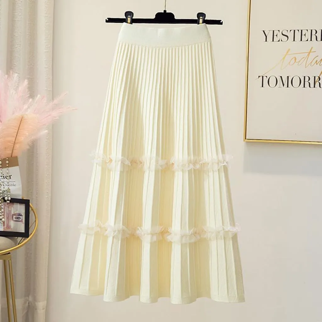 Falda Women's Lace Patchwork Knitted Pleated Midi Skirt Ladies Elastic High Waist Stitching Loose A Line Skirt Casual