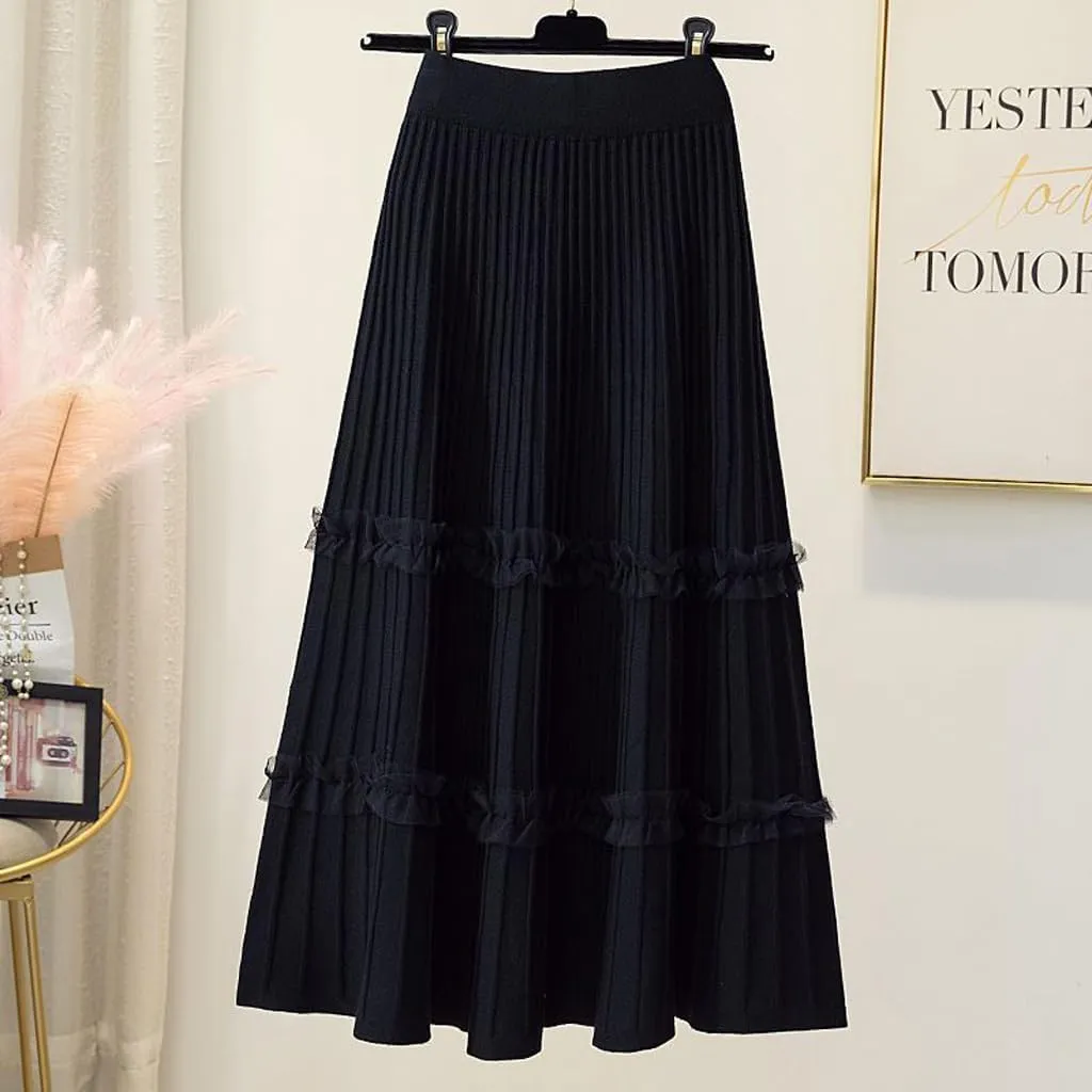 Falda Women's Lace Patchwork Knitted Pleated Midi Skirt Ladies Elastic High Waist Stitching Loose A Line Skirt Casual