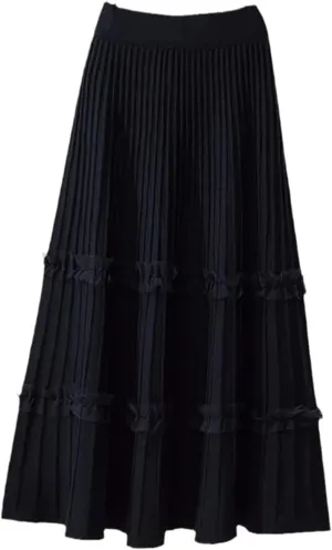 Falda Women's Lace Patchwork Knitted Pleated Midi Skirt Ladies Elastic High Waist Stitching Loose A Line Skirt Casual