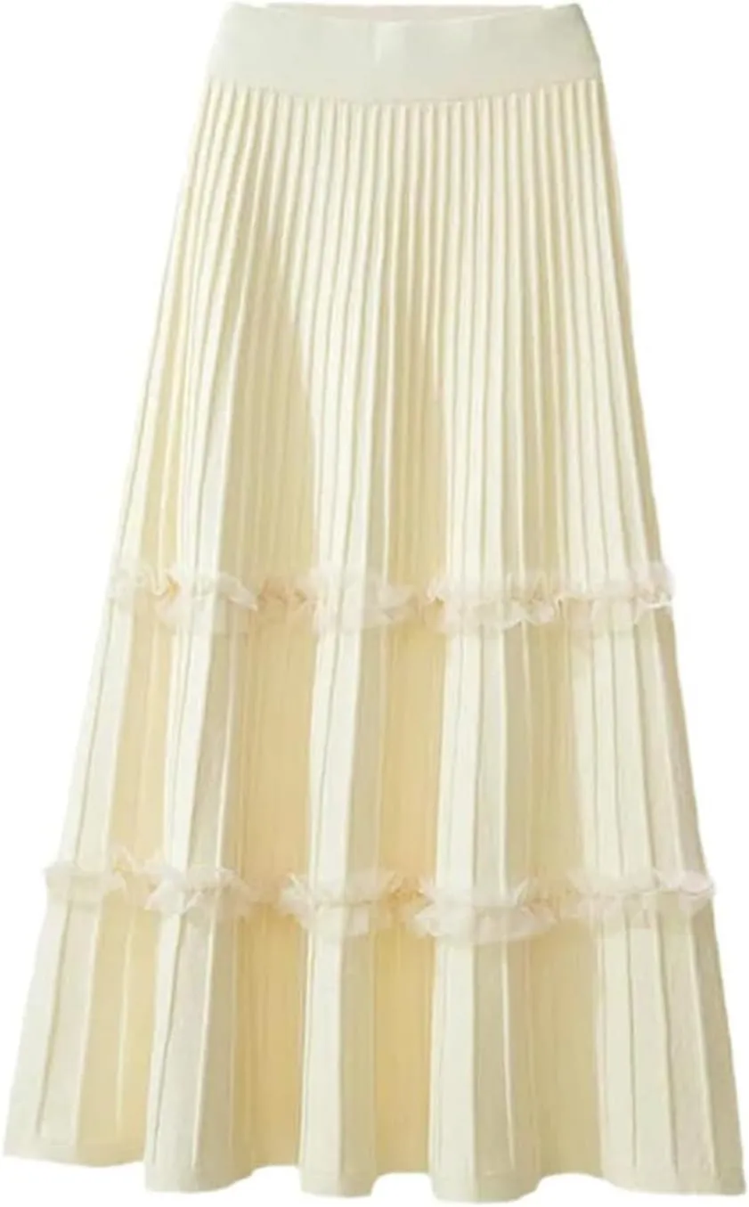 Falda Women's Lace Patchwork Knitted Pleated Midi Skirt Ladies Elastic High Waist Stitching Loose A Line Skirt Casual