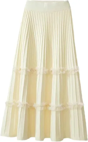Falda Women's Lace Patchwork Knitted Pleated Midi Skirt Ladies Elastic High Waist Stitching Loose A Line Skirt Casual
