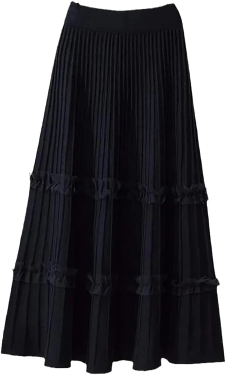 Falda Women's Lace Patchwork Knitted Pleated Midi Skirt Ladies Elastic High Waist Stitching Loose A Line Skirt Casual