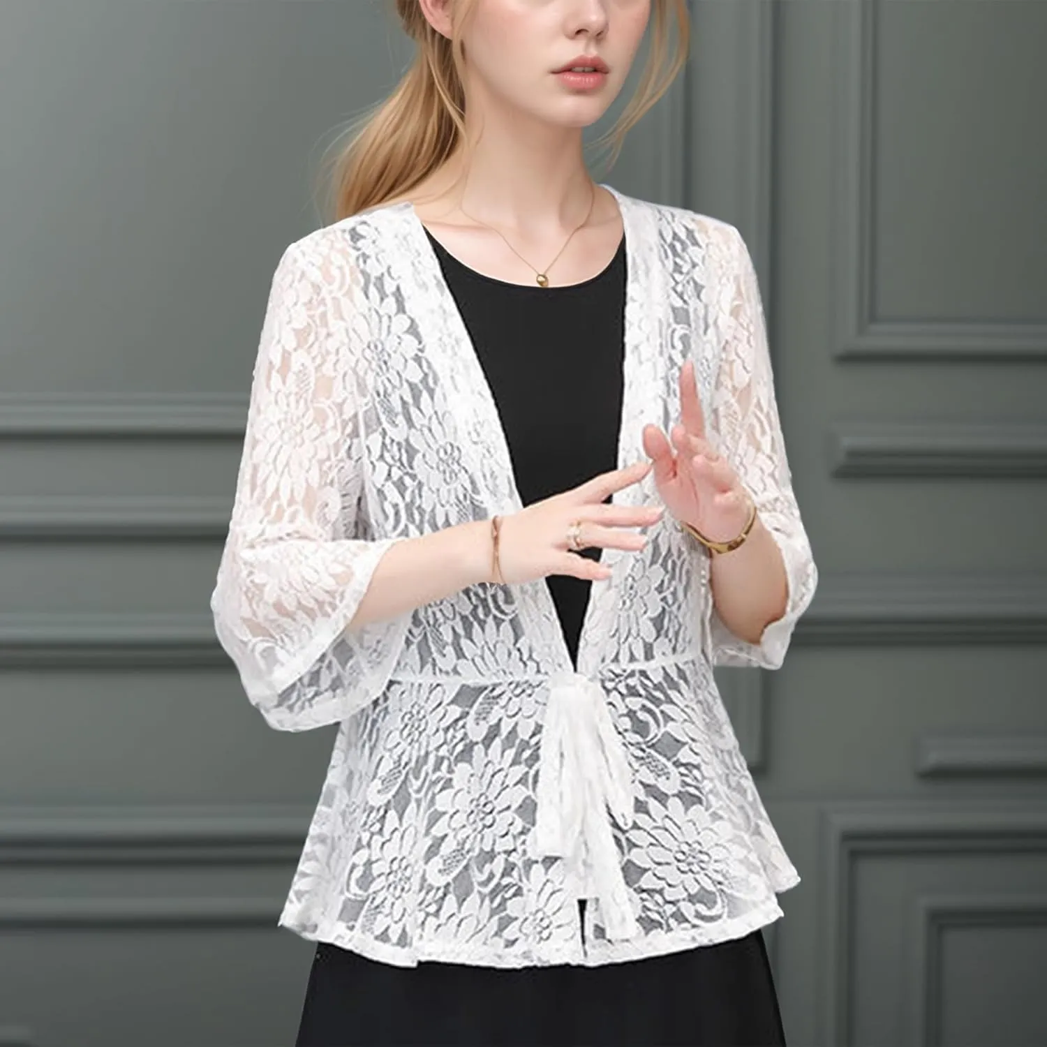 FindThy Womens 3/4 Flare Sleeve Lace Cardigan Tie Knot Front Floral Knitted Cover Up Shrugs
