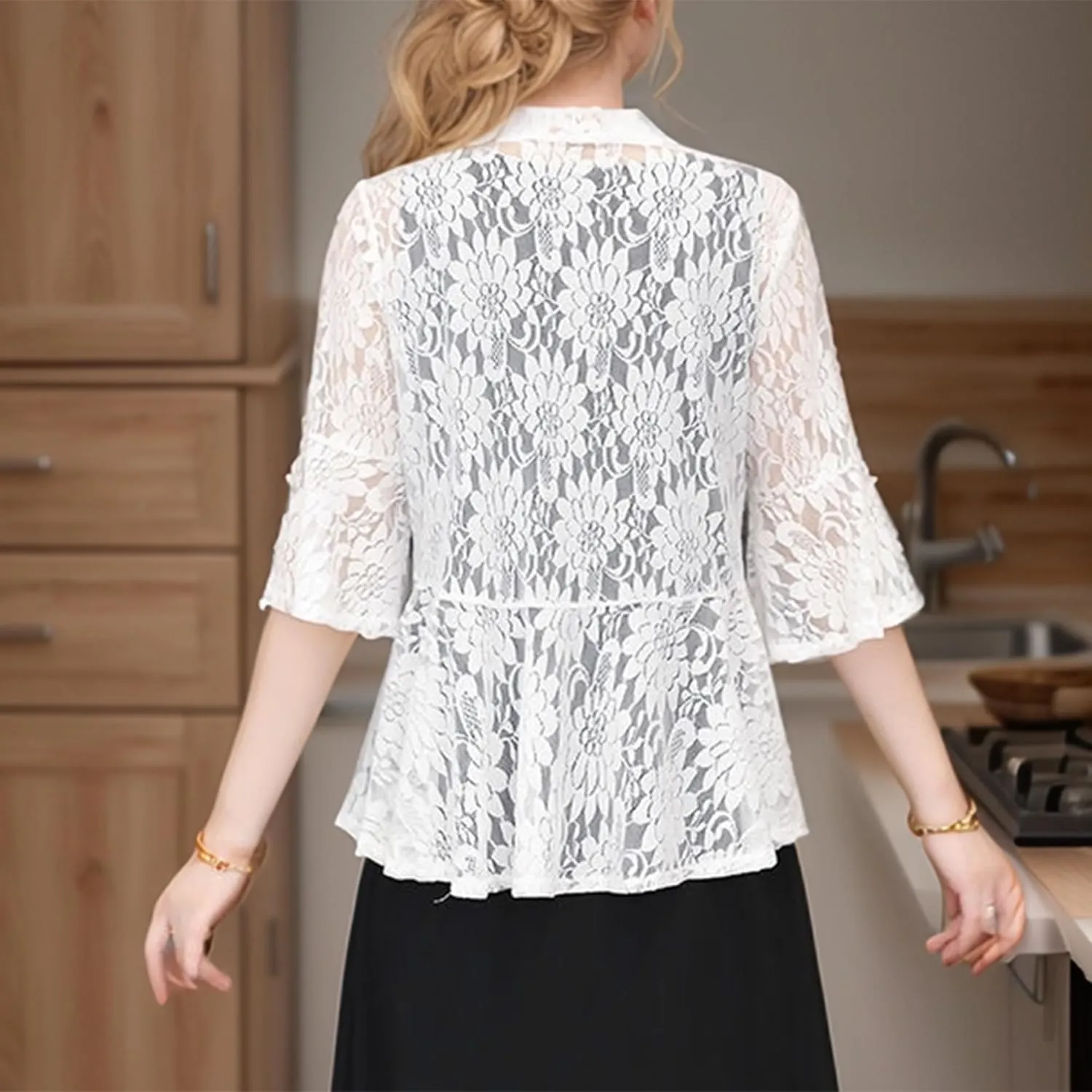 FindThy Womens 3/4 Flare Sleeve Lace Cardigan Tie Knot Front Floral Knitted Cover Up Shrugs