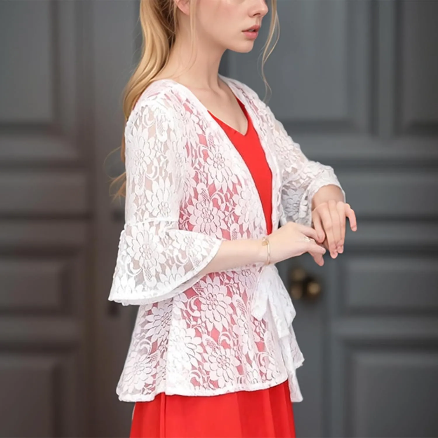FindThy Womens 3/4 Flare Sleeve Lace Cardigan Tie Knot Front Floral Knitted Cover Up Shrugs