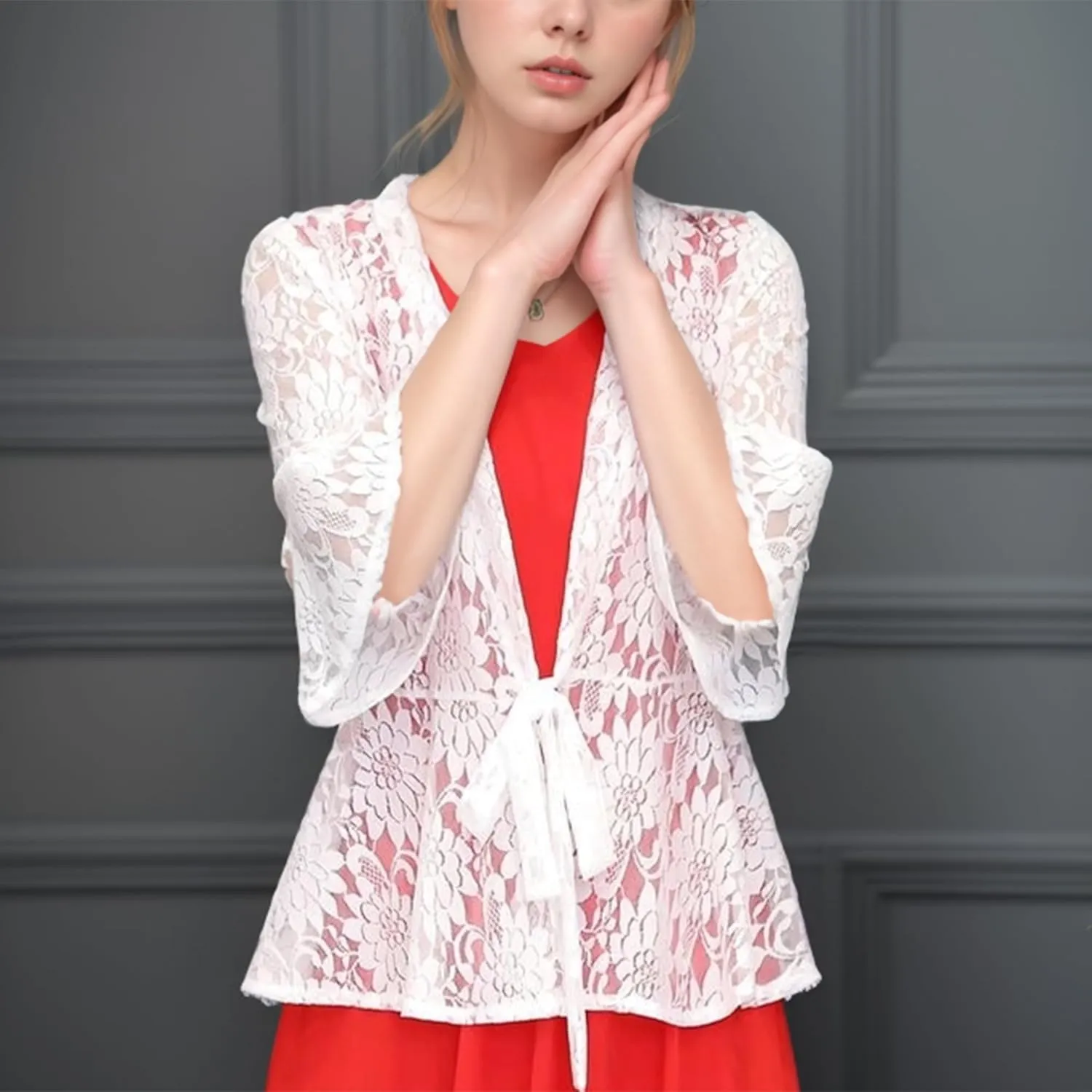 FindThy Womens 3/4 Flare Sleeve Lace Cardigan Tie Knot Front Floral Knitted Cover Up Shrugs