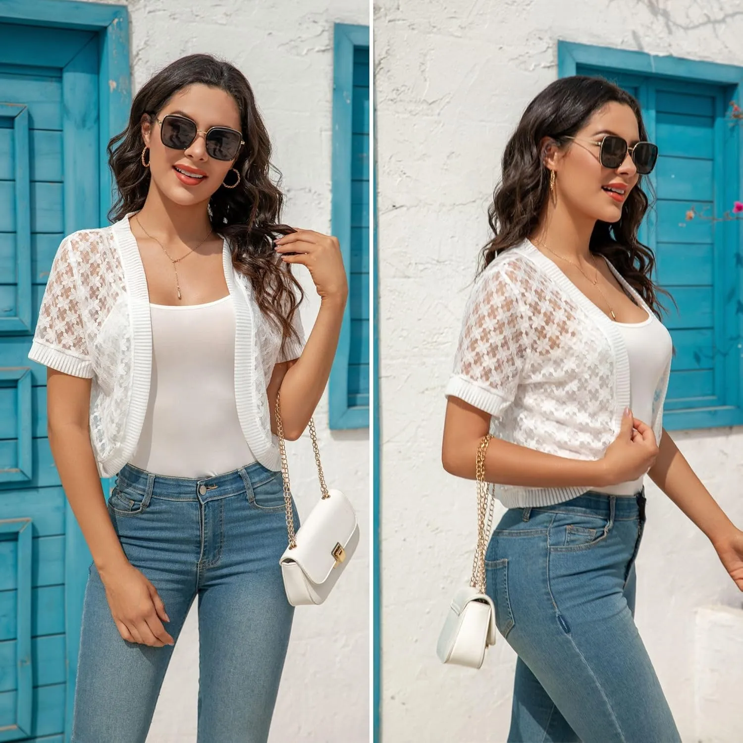 FindThy Womens Cropped Bolero Shrugs Short Sleeve Open Front Floral Lace Hollow Out Cardigan Jacket