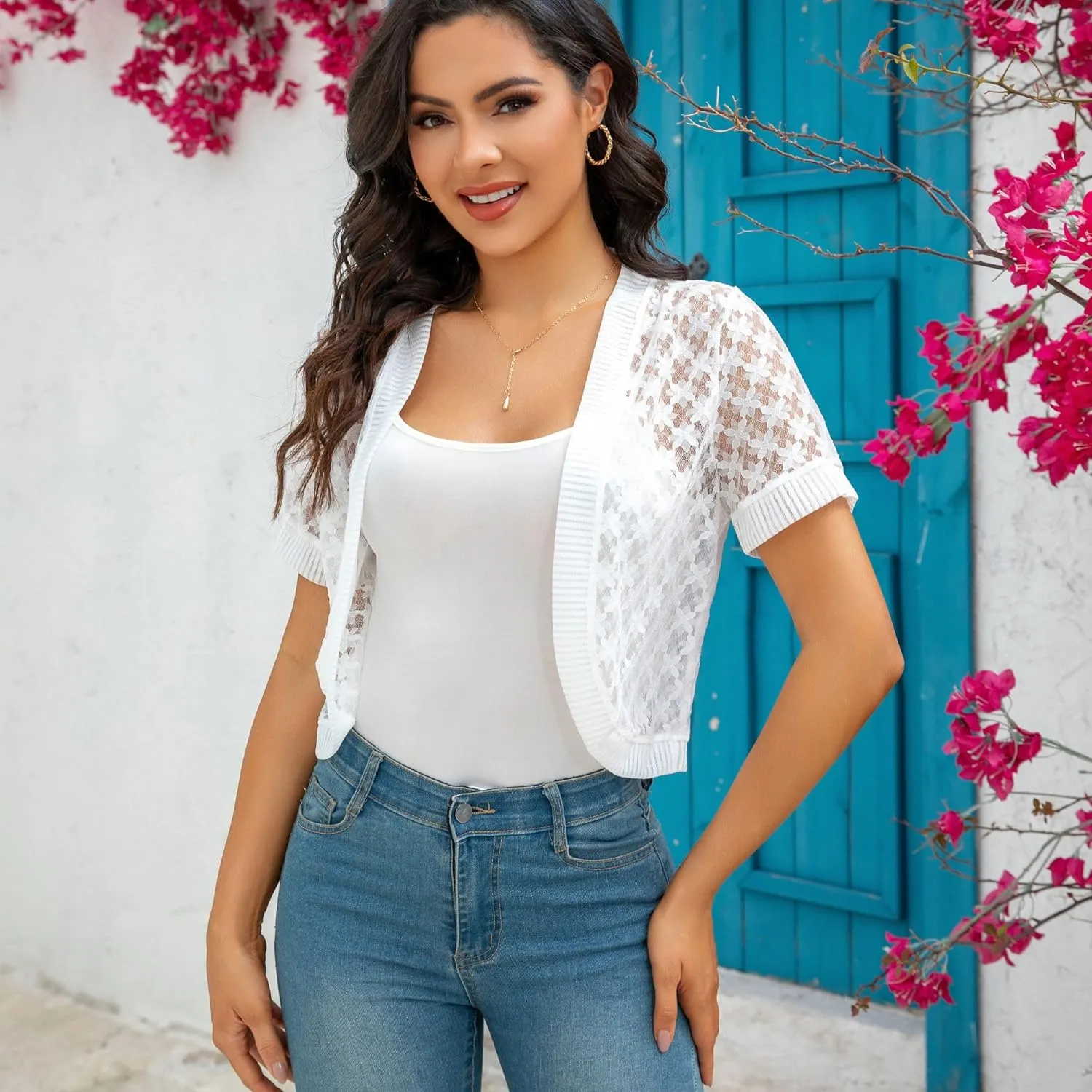 FindThy Womens Cropped Bolero Shrugs Short Sleeve Open Front Floral Lace Hollow Out Cardigan Jacket