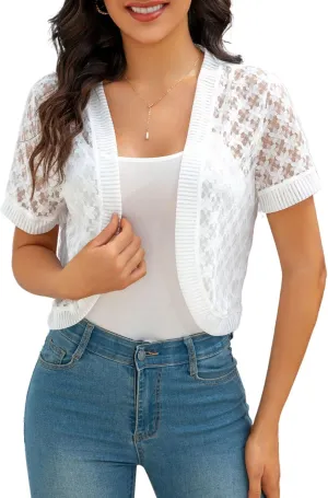 FindThy Womens Cropped Bolero Shrugs Short Sleeve Open Front Floral Lace Hollow Out Cardigan Jacket