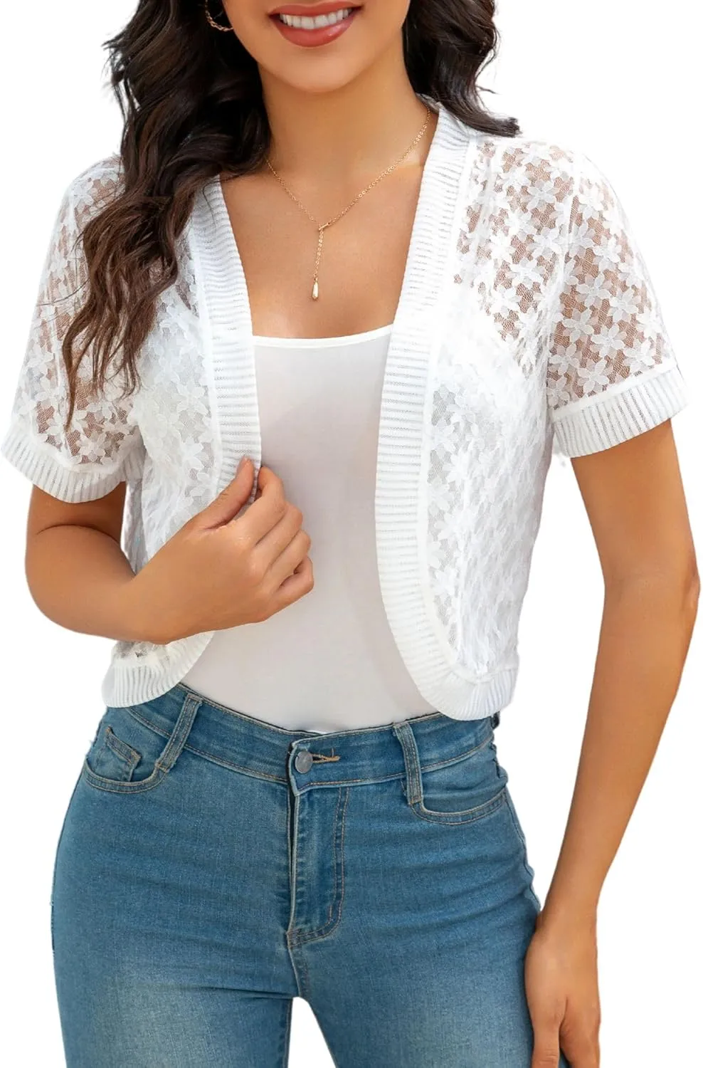 FindThy Womens Cropped Bolero Shrugs Short Sleeve Open Front Floral Lace Hollow Out Cardigan Jacket