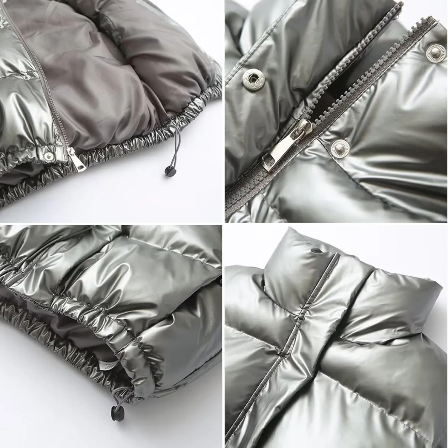 FindThy Womens Cropped Puffer Vest Shiny Metallic Stand Collar Sleeveless Winter Quilted Down Jacket Coat with Pockets