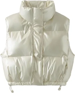 FindThy Womens Cropped Puffer Vest Shiny Metallic Stand Collar Sleeveless Winter Quilted Down Jacket Coat with Pockets
