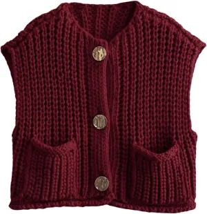 FindThy Womens Cropped Sweater Vest Cute Crewneck Button Down Sleeveless Crop Knit Cardigan with Pocket