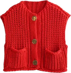 FindThy Womens Cropped Sweater Vest Cute Crewneck Button Down Sleeveless Crop Knit Cardigan with Pocket