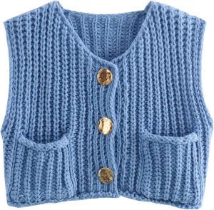 FindThy Womens Cropped Sweater Vest Cute Crewneck Button Down Sleeveless Crop Knit Cardigan with Pocket