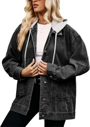 FindThy Womens Oversized Denim Jean Jacket Long Sleeve Button Up Jean Jacket Top With Pockets
