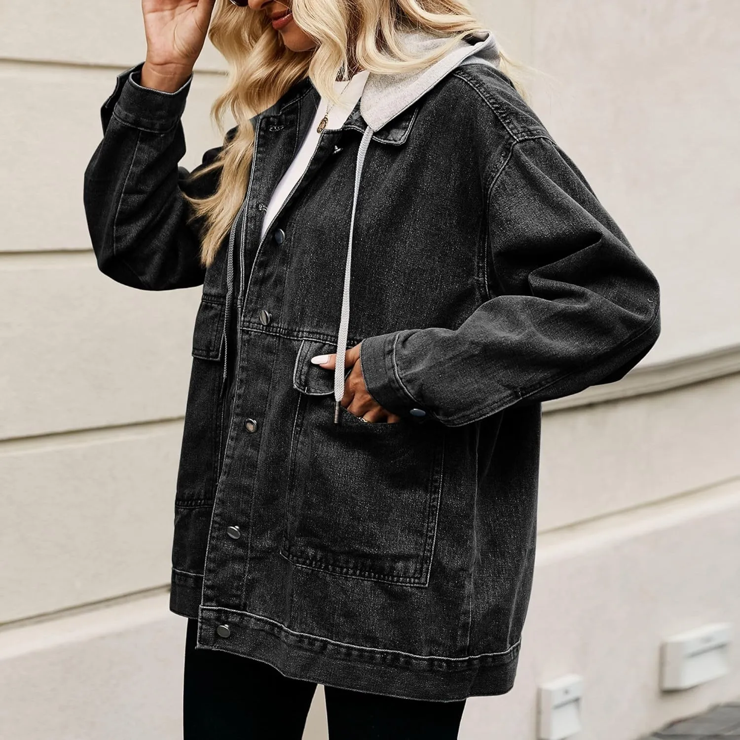FindThy Womens Oversized Denim Jean Jacket Long Sleeve Button Up Jean Jacket Top With Pockets