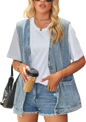 FindThy Womens Vintage Denim Jean Vest Oversized Button Down Jean Waistcoat Gilet