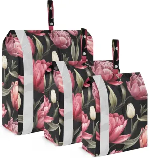 Floral Flowers Black Packing Cubes for Travel 3 Set Compression Packing Bags Luggage Cubes for Carry On Suitcases