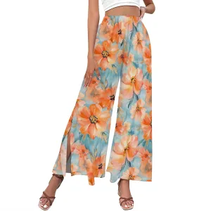 Floral Wide Leg Pants Women Elastic Waist Summer Beach Pant Side Slit Flowy Boho Trouser Tropical Lounge Baggy Jogger