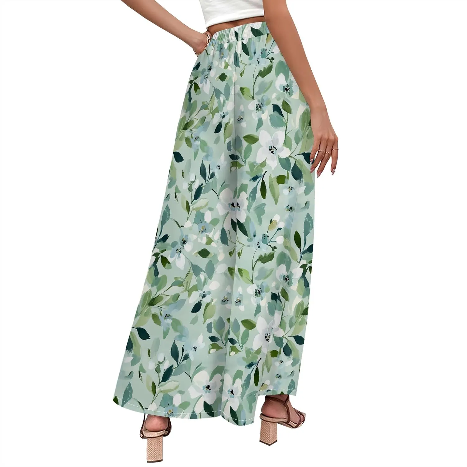 Floral Wide Leg Pants Women Elastic Waist Summer Beach Pant Side Slit Flowy Boho Trouser Tropical Lounge Baggy Jogger