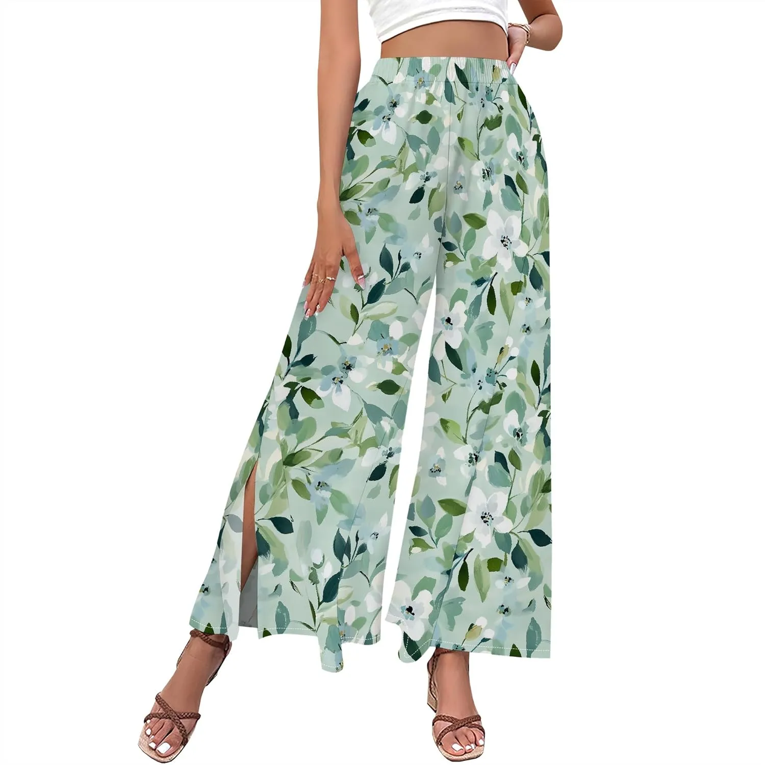Floral Wide Leg Pants Women Elastic Waist Summer Beach Pant Side Slit Flowy Boho Trouser Tropical Lounge Baggy Jogger