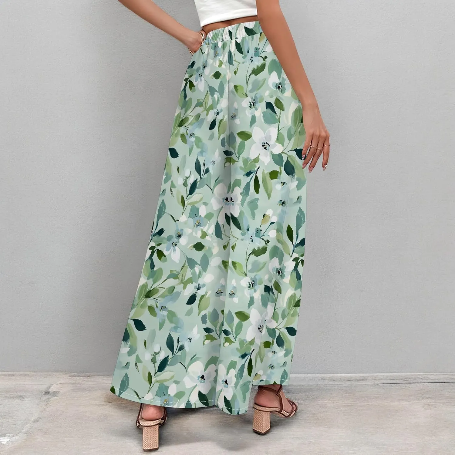 Floral Wide Leg Pants Women Elastic Waist Summer Beach Pant Side Slit Flowy Boho Trouser Tropical Lounge Baggy Jogger