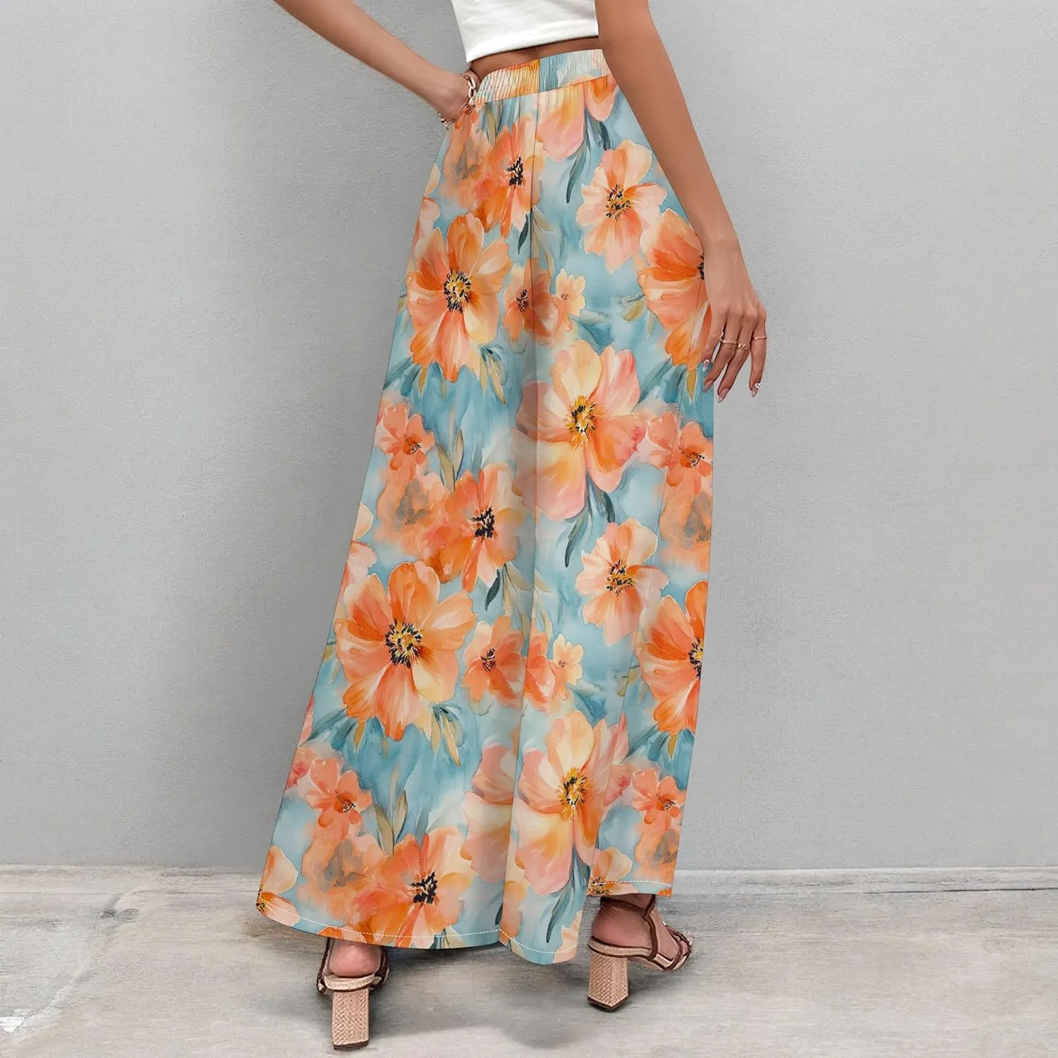 Floral Wide Leg Pants Women Elastic Waist Summer Beach Pant Side Slit Flowy Boho Trouser Tropical Lounge Baggy Jogger