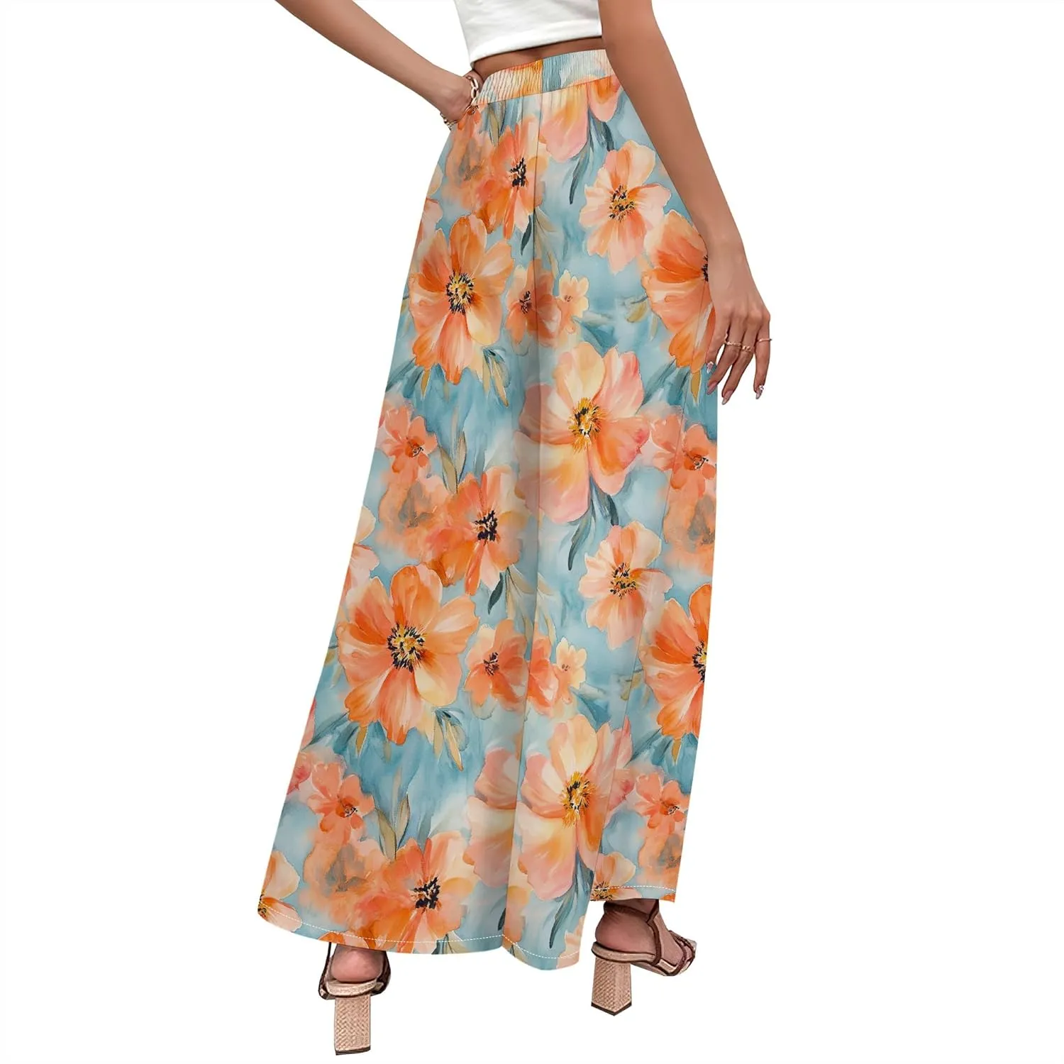 Floral Wide Leg Pants Women Elastic Waist Summer Beach Pant Side Slit Flowy Boho Trouser Tropical Lounge Baggy Jogger