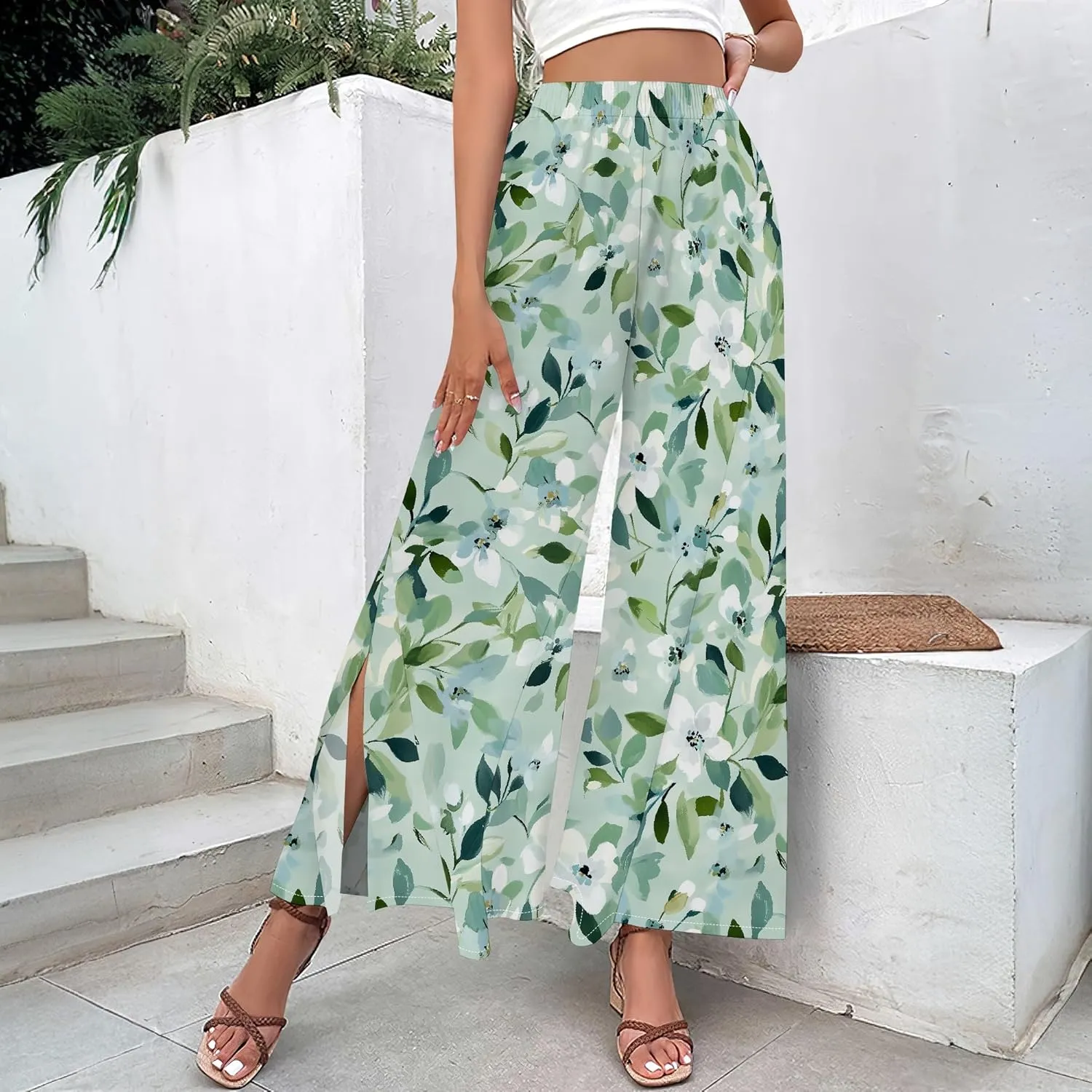 Floral Wide Leg Pants Women Elastic Waist Summer Beach Pant Side Slit Flowy Boho Trouser Tropical Lounge Baggy Jogger
