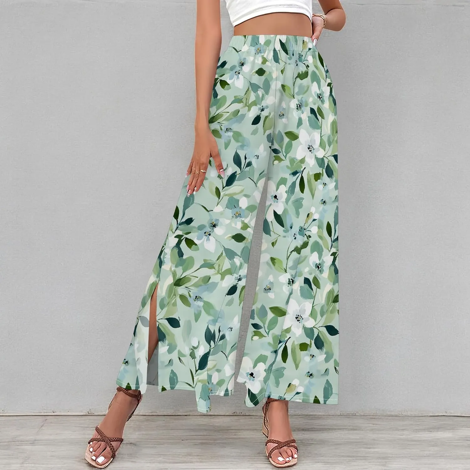 Floral Wide Leg Pants Women Elastic Waist Summer Beach Pant Side Slit Flowy Boho Trouser Tropical Lounge Baggy Jogger