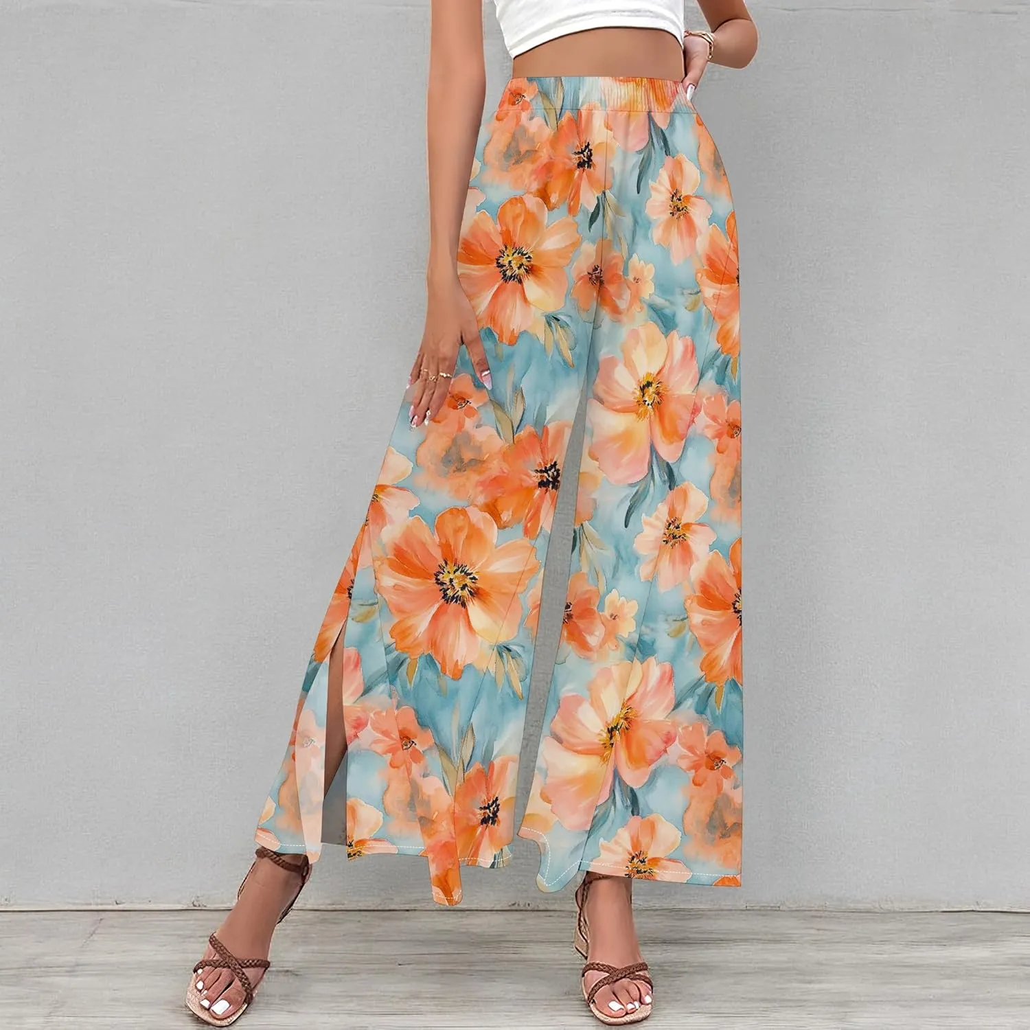 Floral Wide Leg Pants Women Elastic Waist Summer Beach Pant Side Slit Flowy Boho Trouser Tropical Lounge Baggy Jogger