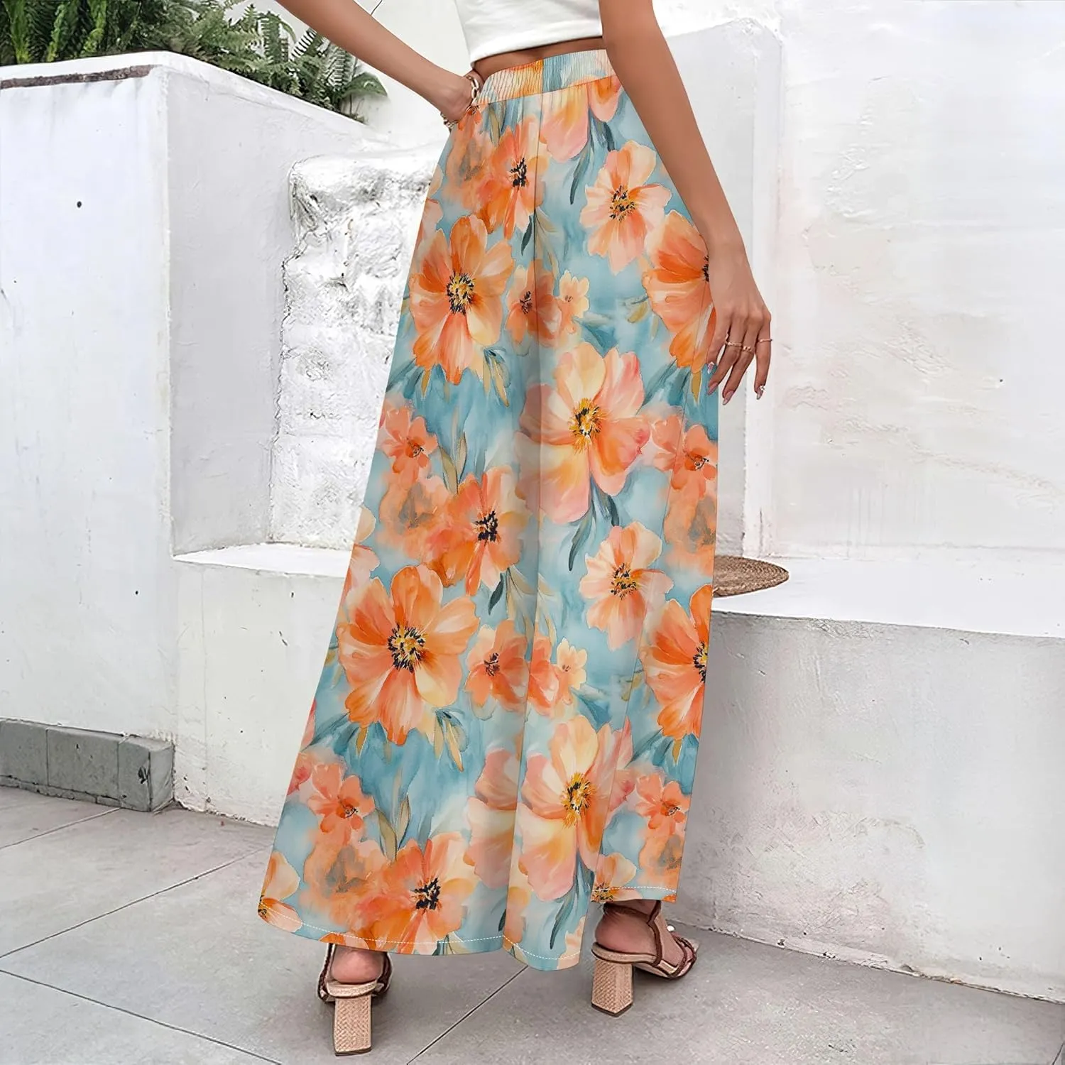 Floral Wide Leg Pants Women Elastic Waist Summer Beach Pant Side Slit Flowy Boho Trouser Tropical Lounge Baggy Jogger
