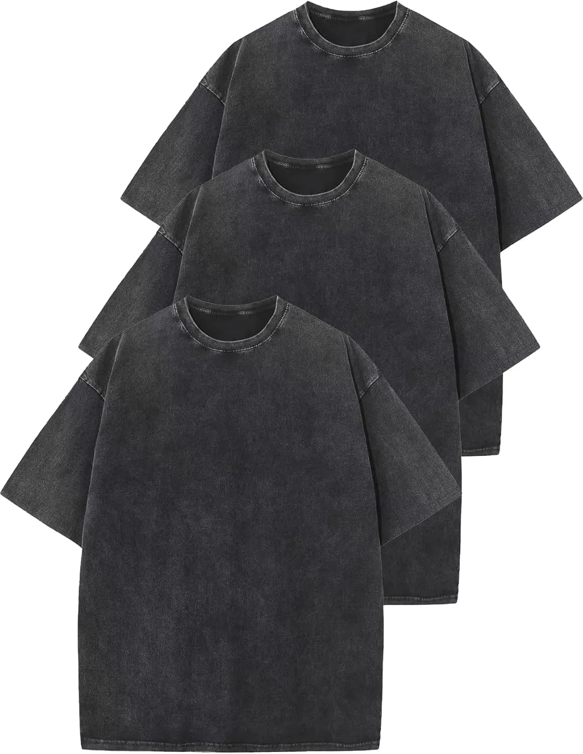 Flygo 3 Pack Men Oversized T Shirts Acid Washed Unisex Tee Loose Fit Short Sleeve Casual Streetwear Baggy Basic Tops(Black Black Black XL), X-Large