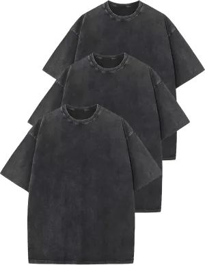 Flygo 3 Pack Men Oversized T Shirts Acid Washed Unisex Tee Loose Fit Short Sleeve Casual Streetwear Baggy Basic Tops(Black Black Black XL), X-Large