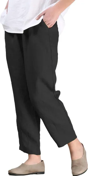 FTCayanz Women's Linen Harm Pants Summer Casual Cropped Pant Work Ankle Trousers with Pockets