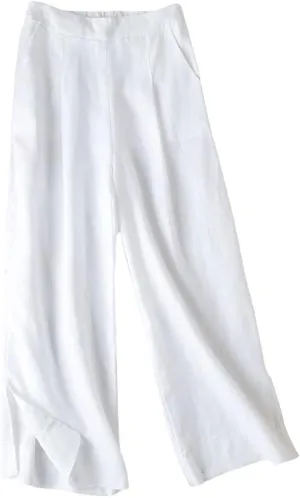Gihuo Womens Cotton Linen Blend Pants Wide Leg Summer Capri Pants Elastic Waist Side Slit Trousers wiht Pockets