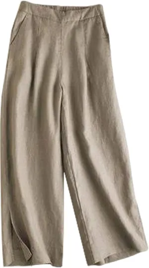 Gihuo Womens Cotton Linen Blend Pants Wide Leg Summer Capri Pants Elastic Waist Side Slit Trousers wiht Pockets