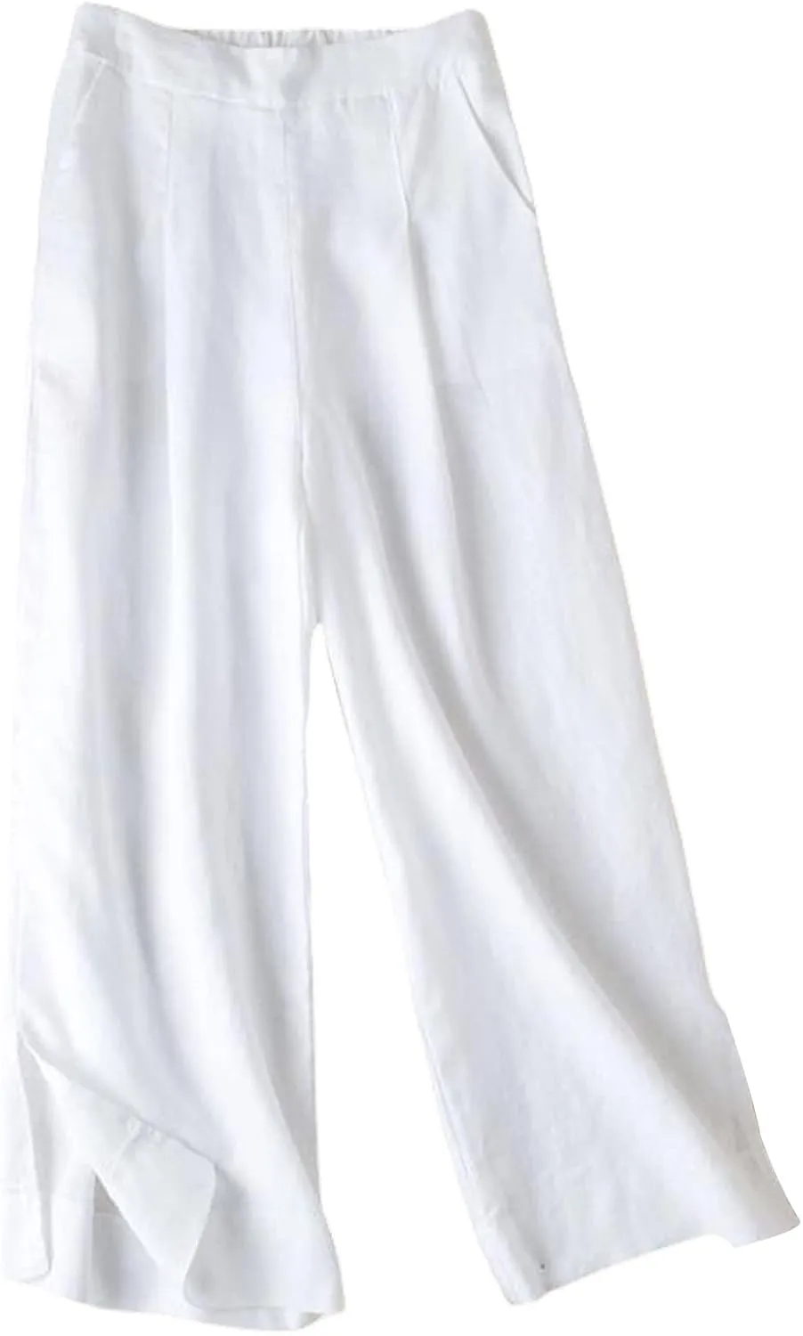 Gihuo Womens Cotton Linen Blend Pants Wide Leg Summer Capri Pants Elastic Waist Side Slit Trousers wiht Pockets