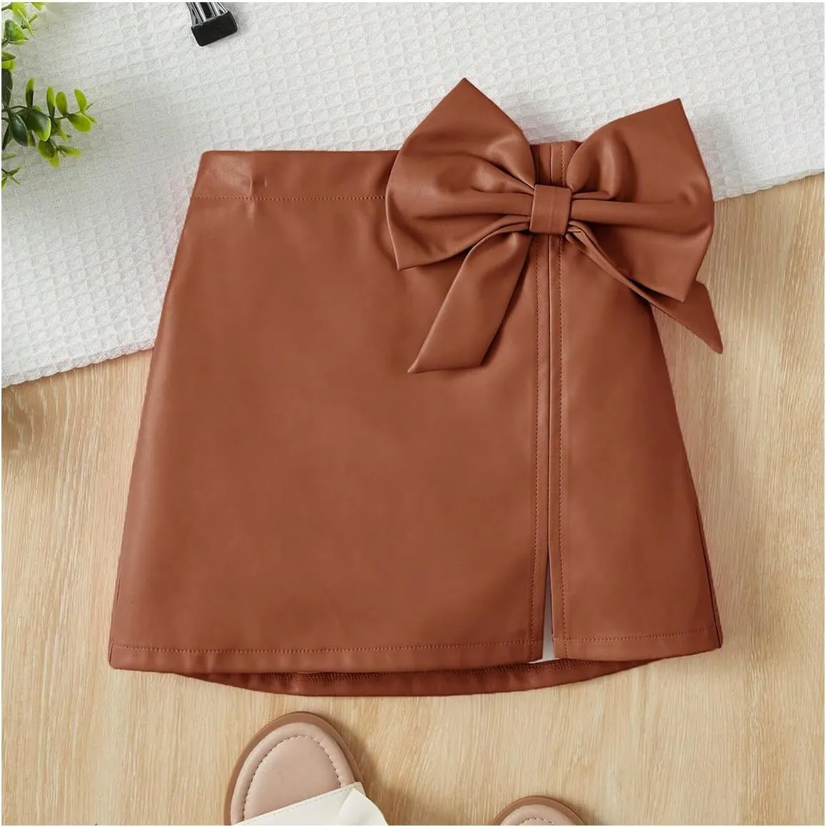 Girl's Cute PU Leather Skirt Elastic High Waist Split Hem Bow Front Mini Skirts
