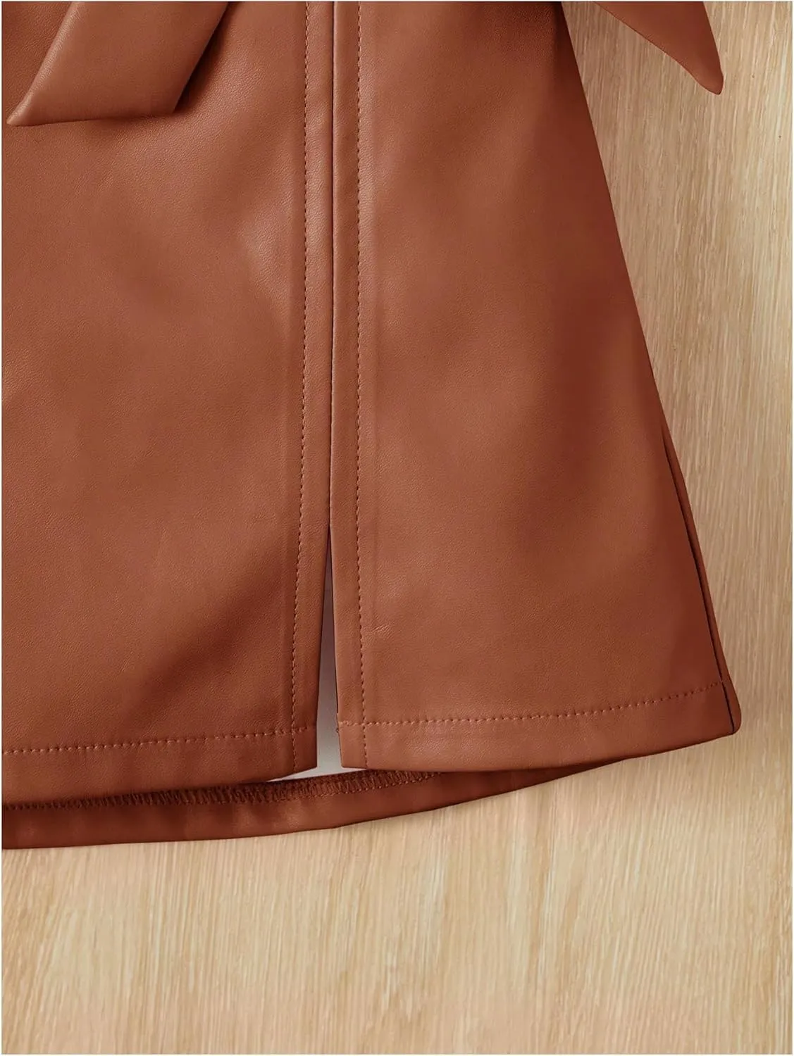 Girl's Cute PU Leather Skirt Elastic High Waist Split Hem Bow Front Mini Skirts