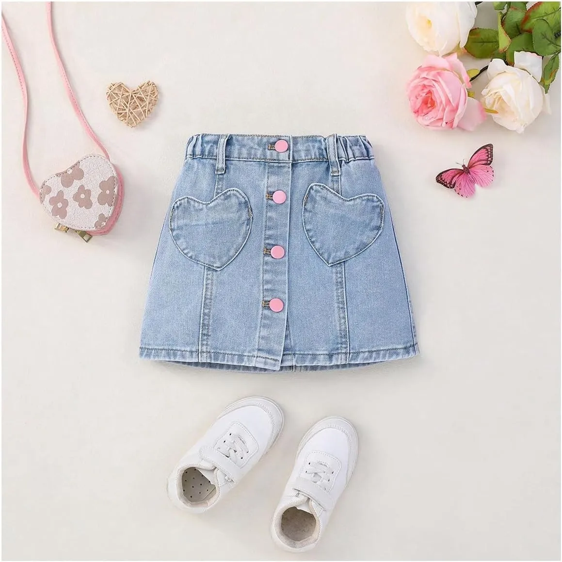 Girl's Heart Pattern High Waist A Line Skirt Casual Regular Fit Short Denim Skirts