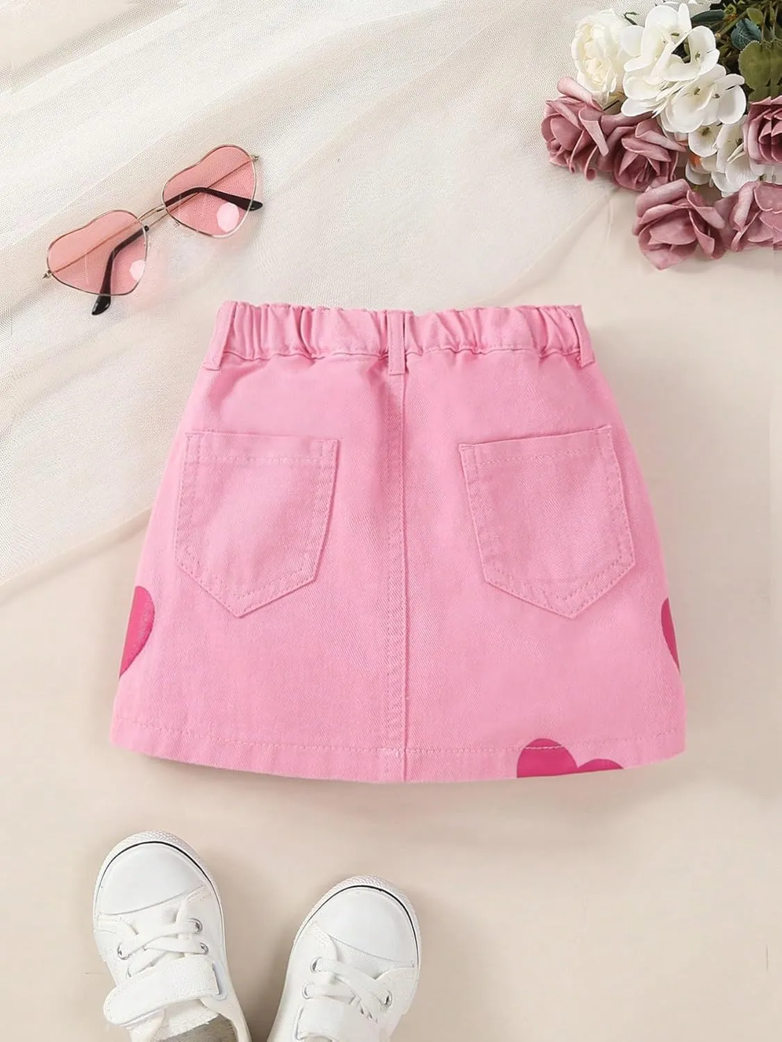 Girl's Heart Pattern High Waist A Line Skirt Casual Regular Fit Short Denim Skirts