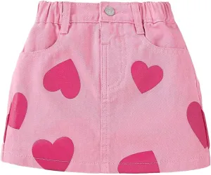 Girl's Heart Pattern High Waist A Line Skirt Casual Regular Fit Short Denim Skirts