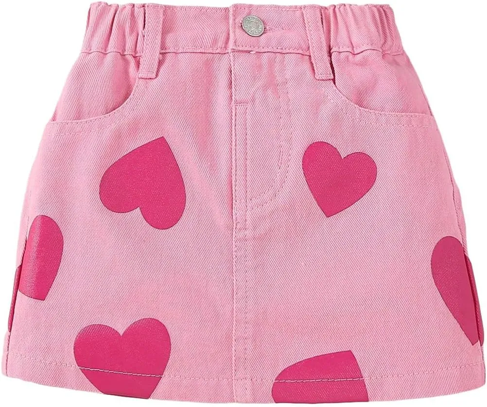 Girl's Heart Pattern High Waist A Line Skirt Casual Regular Fit Short Denim Skirts