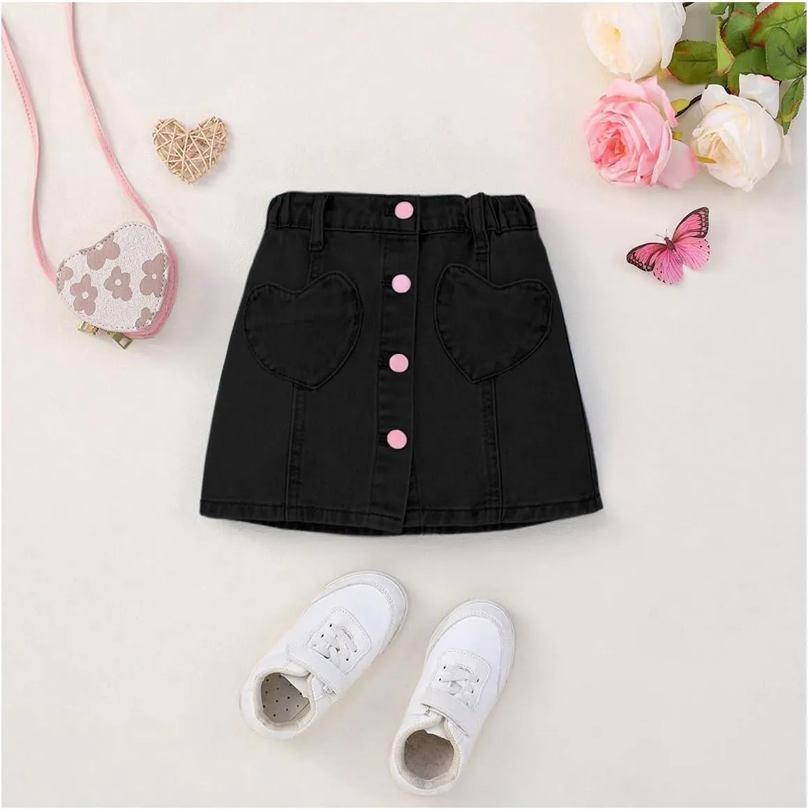 Girl's Heart Pattern High Waist A Line Skirt Casual Regular Fit Short Denim Skirts