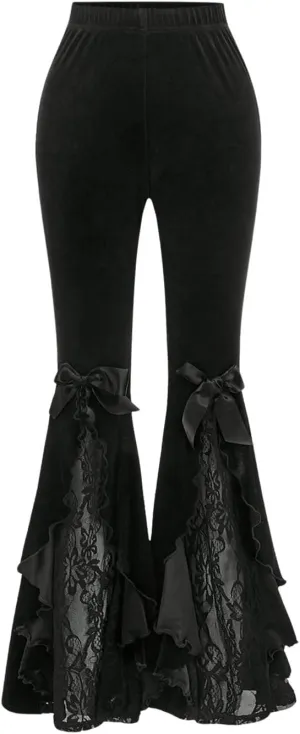 GORGLITTER Women's Flare Bell Bottom Pants Mesh Ruffle High Waisted Goth Flared Leggings
