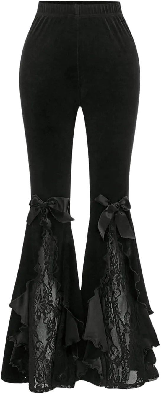 GORGLITTER Women's Flare Bell Bottom Pants Mesh Ruffle High Waisted Goth Flared Leggings