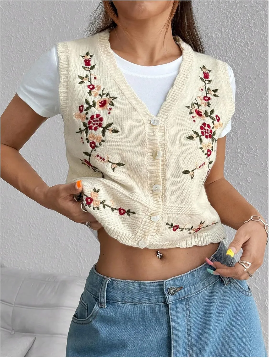 GORGLITTER Women's Flower Embroidery Vintage Sweater Vest Sleeveless Western Country Concert Cardigan Tops